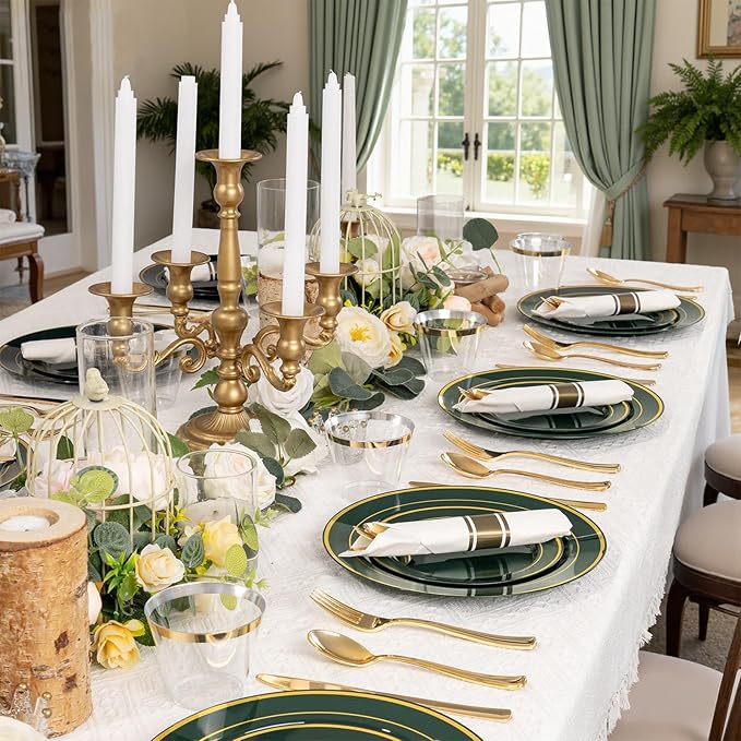 WDF Partyware 175PCS Green Plastic Plates - Green and Gold Disposable Plates 25Guests Plastic Plates with Rolled Napkins for Birthday/Party/Wedding