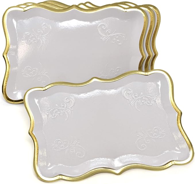 Gift Boutique 10 White Rectangle Trays with Gold Rim Border for Dessert Display Table Parties 9" X 13" Disposable Paper Cardboard in Elegant Shape for Platters Cupcake Display Birthday Party Weddings