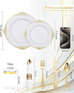 Nervure 175PCS Gold Plastic Plates - Disposable White Gold Party Plates & Pre Rolled Napkins with Cutlery for 25 Guests, 50Plates, 75Silverware, 25Cups, 25Napkin for Wedding & Party