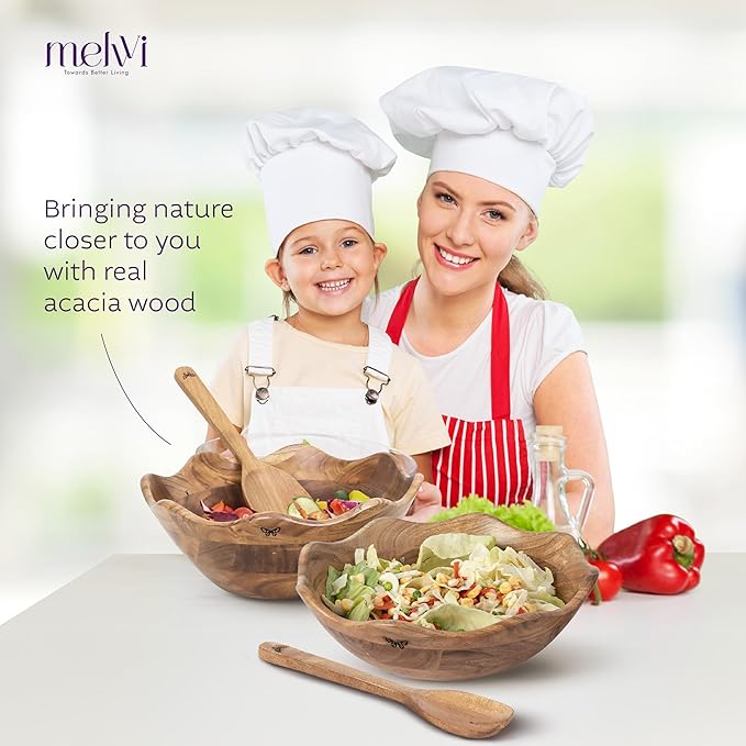 Melvvi Large Wooden Salad Bowl Set of 2 with 2 Serving Utensils | 10" &12 inch Extra Large Acacia Wood Serving Bowls | Great gift for mothers (Natural Set of 4)