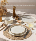 GBHOME 12-Piece Stoneware Dinnerware Set for 4 – Ribbed Ceramic Plates and Bowls, Scratch-Resistant, Microwave & Dishwasher Safe, Reactive Glaze, Oatmeal Veil