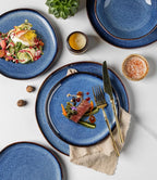 GBHOME Stoneware Dinnerware Sets for 4, 12 Pieces Rustic Ceramic Plates and Bowls Set, Handmade Reactive Glaze Plate Sets, Highly Chip Resistant Dishes, Microwave & Dishwasher Safe, Sea Blue