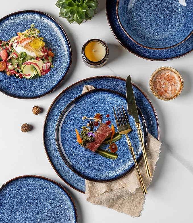 GBHOME Stoneware Dinnerware Sets for 4, 12 Pieces Rustic Ceramic Plates and Bowls Set, Handmade Reactive Glaze Plate Sets, Highly Chip Resistant Dishes, Microwave & Dishwasher Safe, Sea Blue