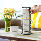 Signature Housewares Stackable Coffee Mug Tower Set with Metal Wire Rack - 15 Ounce Coffee Mugs for Coffee, Tea, Cocoa, Milk, Cappuccino, Hot Chocolate Set of 4 - White Coffee