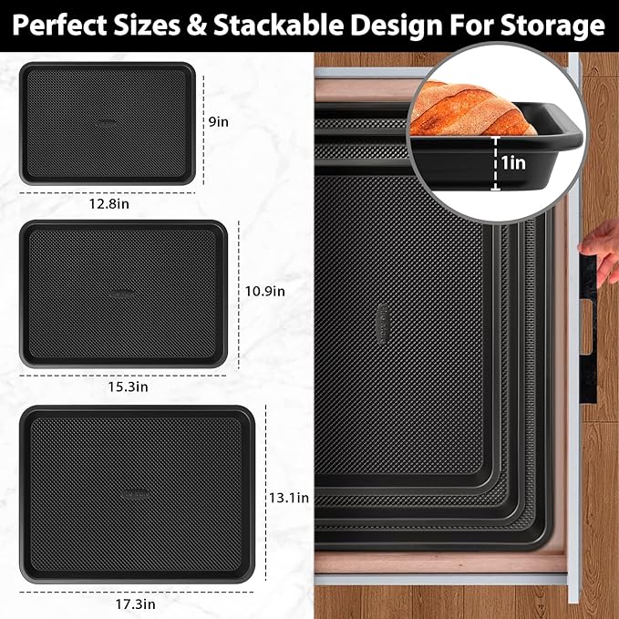Cookie Sheets for Baking with Cooling Rack Set of 4, 0.8mm Thick Nonstick Baking Sheets for Oven, Half/Quarter/Jelly Roll Pans Oven Trays, Heavy Duty Baking Pan Set with Diamond Texture