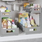 2 Pack 17IN Depth Under Sink Storage Organizer, Large 2-Tier Elegant Mesh Pull Out Shelf for Kitchen and Bathroom Cabinet Organization, L-Shaped and Adjustable Height Design-Gun Gray