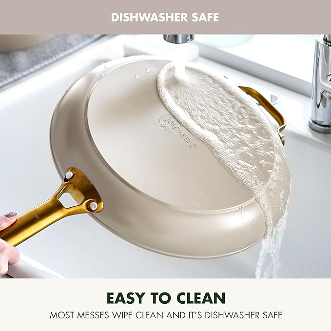 GreenPan Hard Anodized Healthy Ceramic Nonstick 8" 10" and 12" 3 Piece Frying Pan Skillet Set, Gold Handle, PFAS-Free, Dishwasher Safe, Oven Safe, Taupe