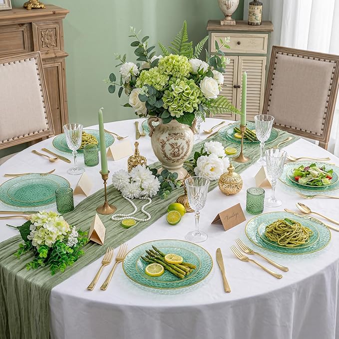 Rubtlamp 350 Pcs Green Plastic Dinnerware Set, Green and Gold Plastic Plates, Hammered Party Plates Include Dinner Platos, Dessert Platos, Cups, Gold Cutlery Set And Napkins for Party