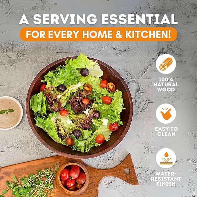 Luxe Designs 12" Dark Burnt Wooden Salad Bowl Set with Serving Utensils Eco-Friendly, Multipurpose Mixing & Serving Bowl for Salads, Pasta, Fruits & More – Durable & Stylish Kitchen Essential