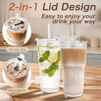 20oz Glass Tumblers with Lids and Straws, Set of 4, Reusable Iced Coffee Cups, Vintage Drinking Glasses, Ribbed Glassware for Cocktail Beer, Juice, Home, Office, Party Gifts, Dishwasher Safe