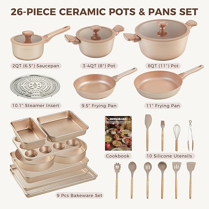 HONGBAKE 26 Pcs Pots and Pans Set Non Stick, Non Toxic Ceramic Cooking Set With 10 Silicone Utensils, Kitchen Induction Cookware & Bakeware Sets with Diamond Texture Pattern, PFOA Free, Gold