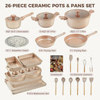 HONGBAKE 26 Pcs Pots and Pans Set Non Stick, Non Toxic Ceramic Cooking Set With 10 Silicone Utensils, Kitchen Induction Cookware & Bakeware Sets with Diamond Texture Pattern, PFOA Free, Gold