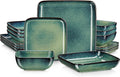 vancasso Stern Green Dinner Set- Square Reactive Glaze Dish Set- 16 Pieces Kitchen Dinnerware Stoneware Crockery with Dinner Plate, Dessert Plates, Bowl and Soup Plate Service for 4