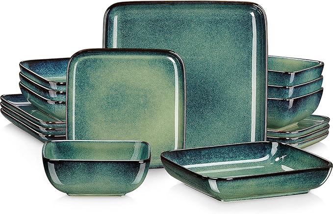 vancasso Stern Green Dinner Set- Square Reactive Glaze Dish Set- 16 Pieces Kitchen Dinnerware Stoneware Crockery with Dinner Plate, Dessert Plates, Bowl and Soup Plate Service for 4