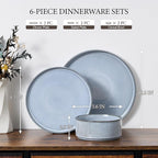 E-far Stoneware Dinnerware Sets for 2, 6-Piece Plates and Bowls Sets, Chip & Scratch Resistant Ribbed Dish Set for Home Restaurant, Microwave & Dishwasher Safe, Dusty Blue