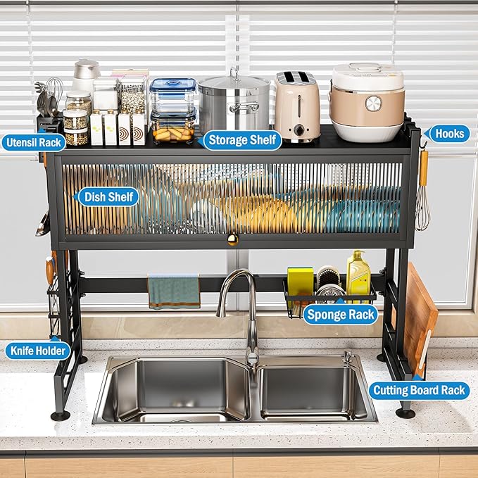 SNSLXH 2-Tier Over The Sink Dish Drying Rack, 33.66"×31.1"×11.81", Large Sink Rack for Kitchen, Saving Kitchen Space, Cover Design Holds Dishes, Bowls, and Cutlery, Kitchen Sink Shelf