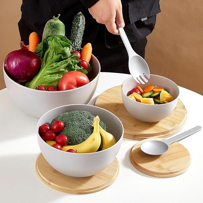 ECOWAY Salad Bowls Set of 3 with Lid & Serving Utensils, Bamboo Fiber Mixing Bowls Set Large Serving Bowls & Storage Set with Bamboo Lid for Salad, Kitchen Eating, Pasta, Popcorn, Chips, Fruit, Grey