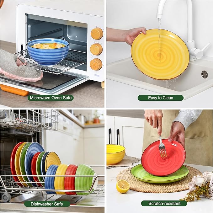 Selamica Ceramic Plates and Bowls Sets,12 Pieces Dinnerware Sets for 4,Scratch Resistant Dish Set,Dishwasher & Microwave Safe, Dopamine