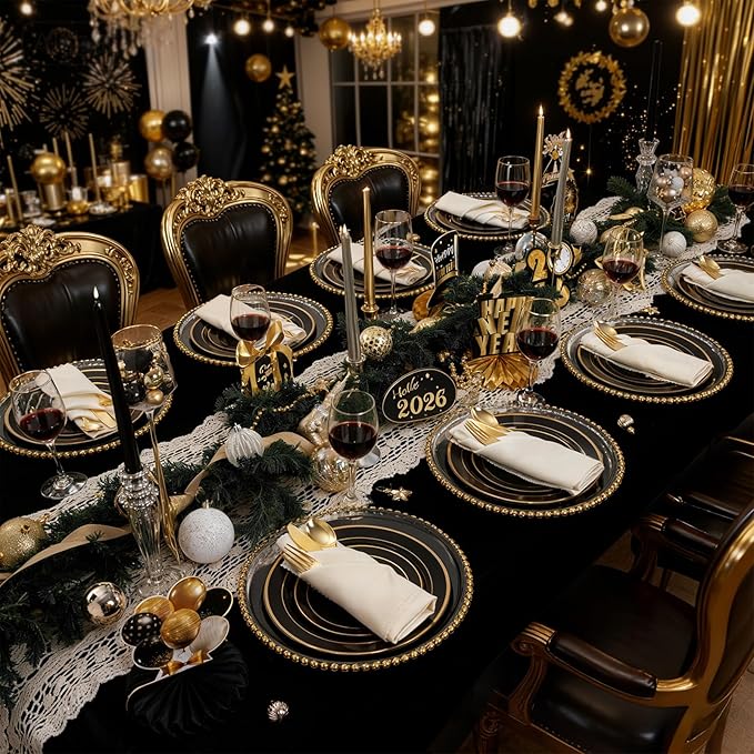 350 Pieces Black and Gold Plastic Plates with Disposable Silverware, Include 50 Dinner Plates 9”, 50 Dessert Plates 6.3”, 50 Black Cups 9 OZ, 50 Pre Rolled Napkins for Wedding Party Graduation