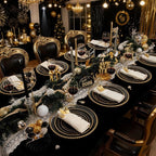 350 Pieces Black and Gold Plastic Plates with Disposable Silverware, Include 50 Dinner Plates 9”, 50 Dessert Plates 6.3”, 50 Black Cups 9 OZ, 50 Pre Rolled Napkins for Wedding Party Graduation