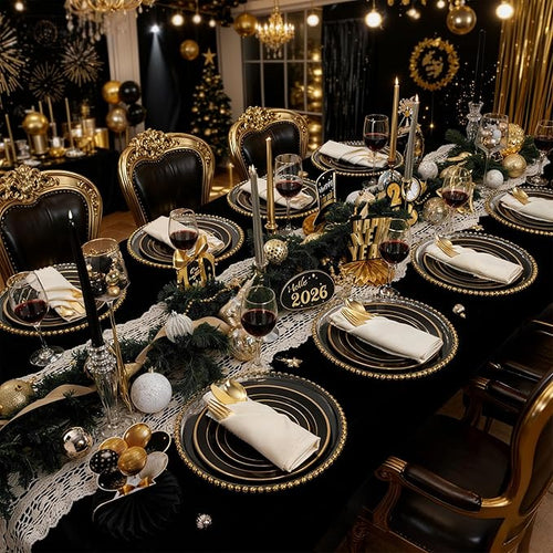 350 Pieces Black and Gold Plastic Plates with Disposable Silverware, Include 50 Dinner Plates 9”, 50 Dessert Plates 6.3”, 50 Black Cups 9 OZ, 50 Pre Rolled Napkins for Wedding Party Graduation