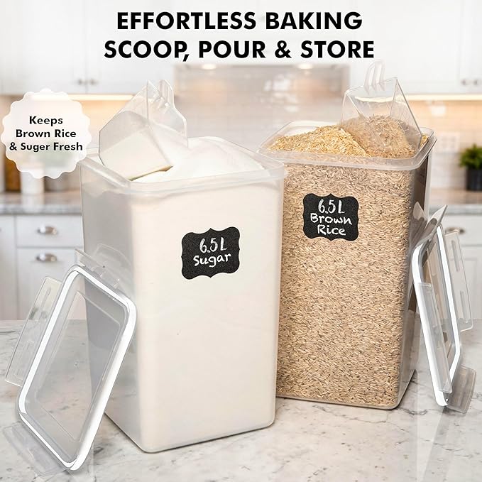 WHITE FEATHER SUPPLIES 2 PC [6.5L / 220 Oz] Large Food Storage Containers with Lids Airtight - BPA Free Clear Plastic Kitchen and Pantry Storage Containers, Bulk Storage for Cereal, Flour, Sugar, Rice