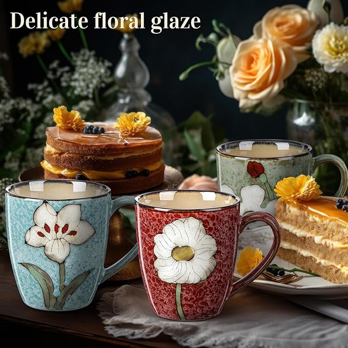 Maxdot 4 Pcs 12oz Ceramic Coffee Mugs Sets Glazing Process Cappuccino Mug Floral Ceramic Tea Cups Mother's Day Idea Gift for Women Mom Porcelain Cup for Coffee, Cocoa, Tea, Latte (Classic)