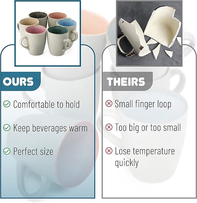 BTaT- Porcelain Coffee Mugs Set, 12 oz (350ml), 6 Pack, Ceramic Coffee Mugs, Matte White Outside and Colorful Inside, Restaurant Cups for Tea, Cappuccino, Cocoa, Cereal, Mug Gift Set, Dishwasher Safe