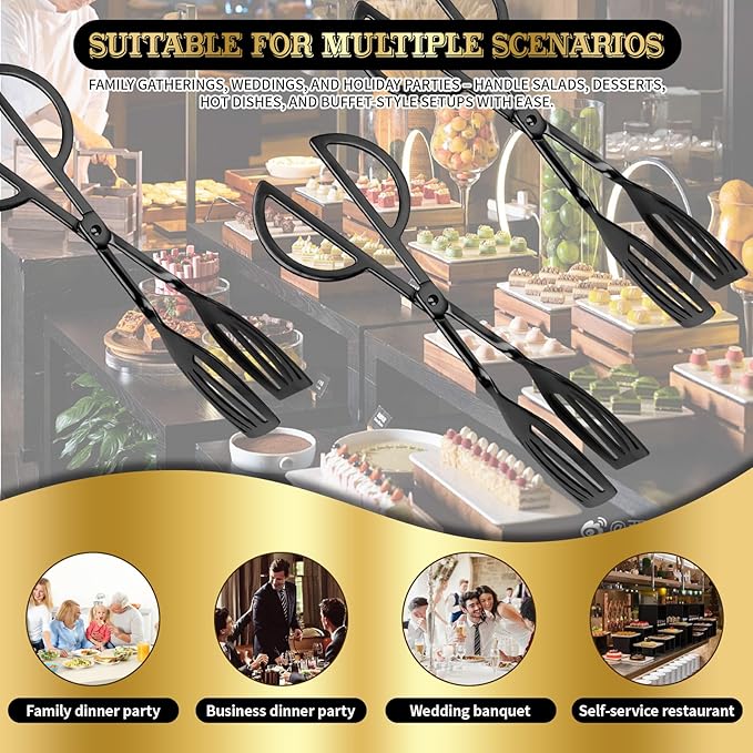 3PCS 9.8-Inch Stainless Steel Salad Tongs for Serving Heavy Duty Serving Tongs for Home Parties, Weddings, Buffets, Barbecues, Kitchen Utensils for Cake, Steak, Salad and More (3, Black)