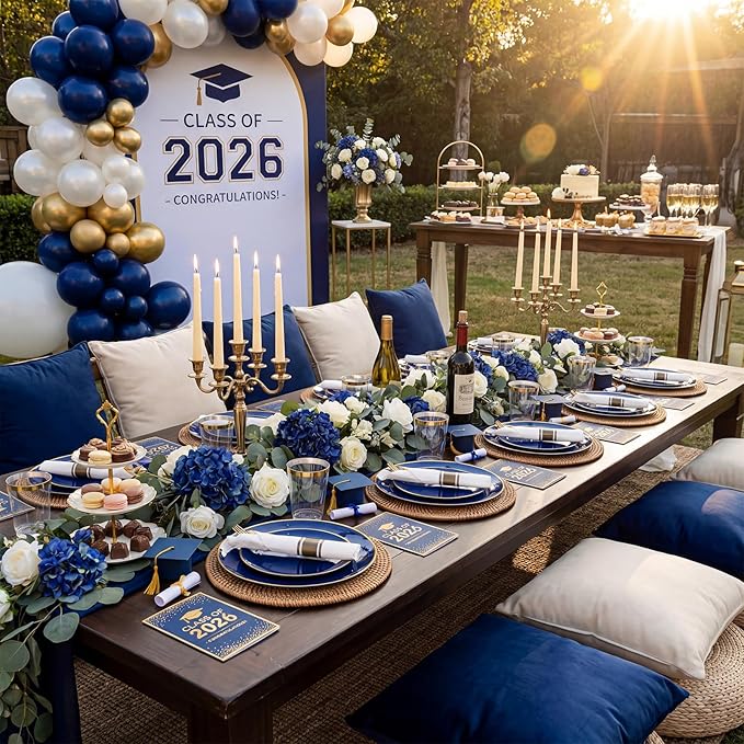 KIRE 350Pcs Blue and Gold Plates -Heavy Duty Navy Blue Dinnerware Set - 100 Plastic Plates 50 Pre Rolled Napkins with Gold Plastic Silverware 50 Cups for Birthday/Wedding/Parties/Passover/Graduation