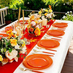 DaYammi 150Pcs Orange Plastic Plates & Gold Cutlery with Orange Handle,orange Disposable Plates with Gold Rim Set Include 30 Dinner Plate,30 Dessert Plate,30 Knive,30 Forks,30 Spoons for Party Wedding