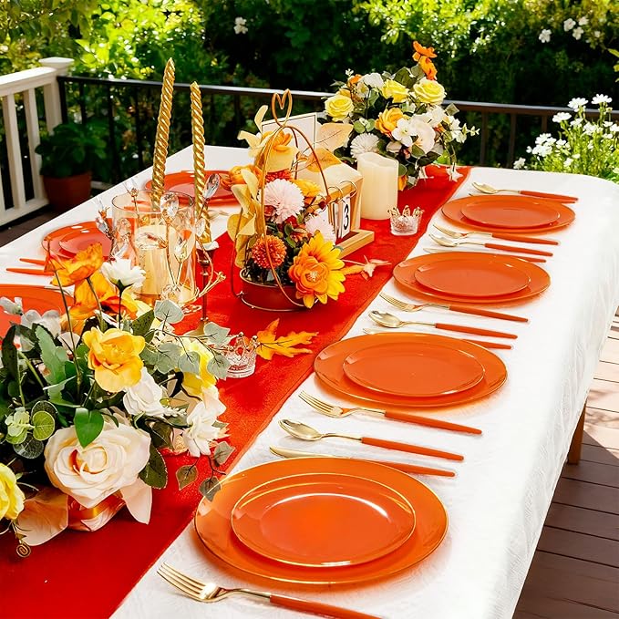 DaYammi 150Pcs Orange Plastic Plates & Gold Cutlery with Orange Handle,orange Disposable Plates with Gold Rim Set Include 30 Dinner Plate,30 Dessert Plate,30 Knive,30 Forks,30 Spoons for Party Wedding
