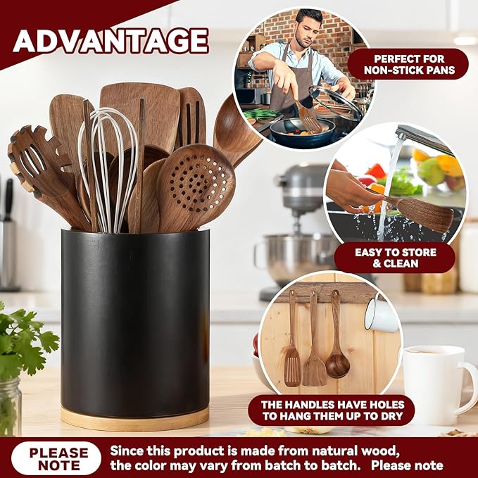 11 Pcs Wooden Kitchen Utensils Set with 360° Rotating Holder 7.3" x 5.9" Acacia Wood Cooking Utensils with Holder Cooking Spoons Spatulas for Nonstick Cookware Countertop Kitchen(Black)