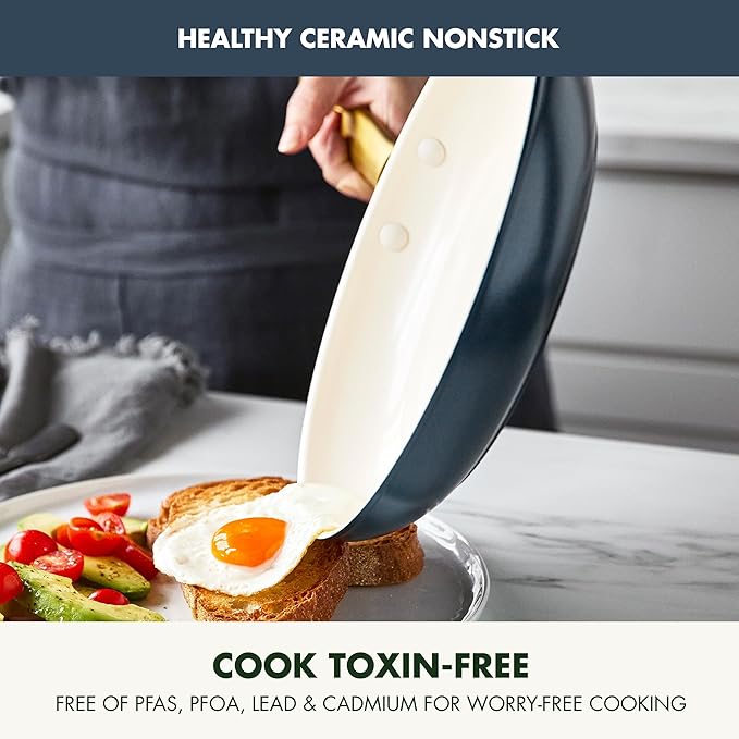 GreenPan 8" 10" and 12" 3 Piece Frying Pan Skillet Set, Hard Anodized Ceramic Nonstick, PFAS-Free, Gold Handle, Dishwasher Safe, Oven Safe, Blue and Cream Mix