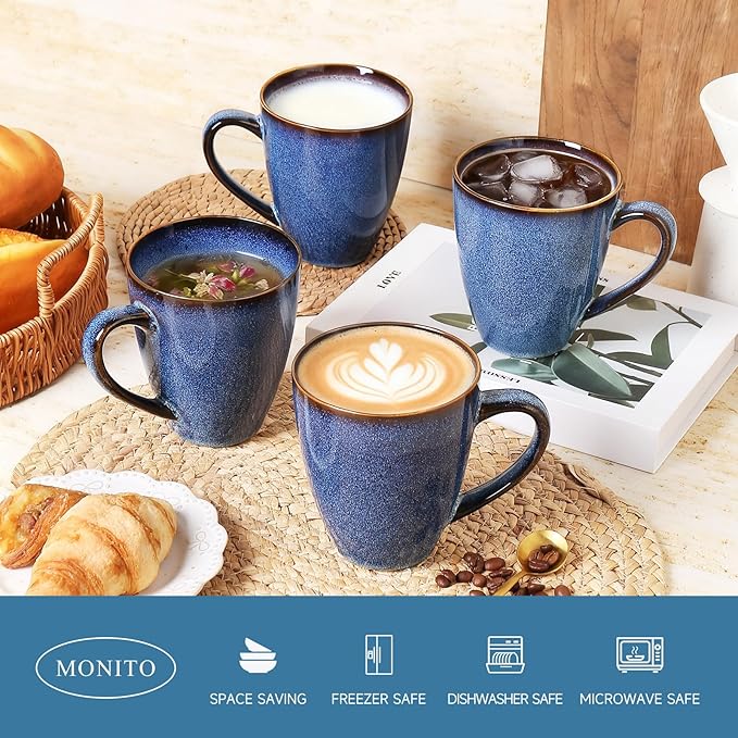 MONITO 17 OZ Coffee Mugs Set of 4, Large Ceramic Blue Coffee Mugs Set with handle for Tea/Latte/Milk/Cocoa, Funny Tea Cups for Office and Home, Engagement Gifts.(Starry Blue)