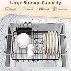 romision Expandable Dish Drying Rack Over The Sink Small Metal Stainless Steel Plate Holder for Compact Kitchen, Space Saving Modern Black Hanging Drainer