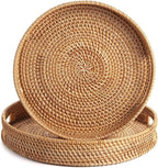 2 Pack Round Rattan Tray, Hand Woven Serving Tray with Handles, Wicker Serving Basket, Decorative Tray for Home Decor, Natural (11.8 + 14 inch)