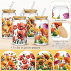 Mumufy 4 Pack Oil Flower Themed Gifts for Women Cute Glass Cup Tumbler Flower Iced Coffee Mugs 16 oz Glass with Bamboo Lid & Straw, Christmas Mothers Day Birthday Gift for Mom Sister Bridesmaid