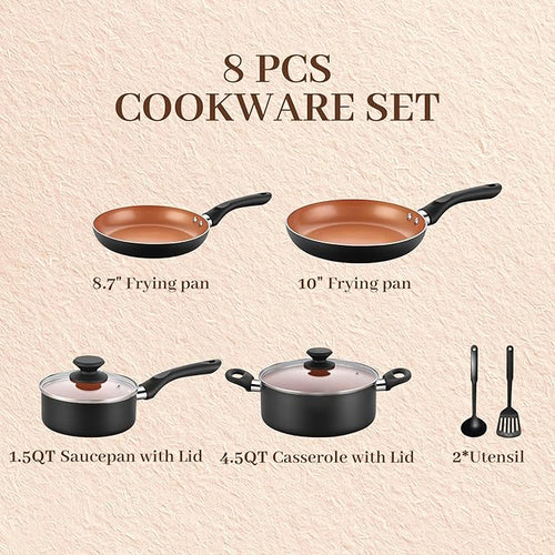8pcs Gold Ceramic Pots and Pans Set, Cooking Pan Set,Cooking Pot Set Ceramic Pan Set, Nonstick Cookware Set, Induction Safe Kitchen Cooking Set with Frying Pans, Saucepans, shovel and Ladle