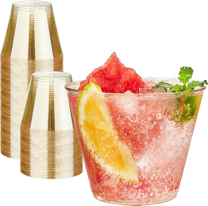 RACETOP 100 Pack 9 oz Gold Plastic Cups Tumbler, Disposable Cups with Gold Glitter for Party, Heavy-duty Clear Plastic Wine Glasses, Disposable Wedding Cups