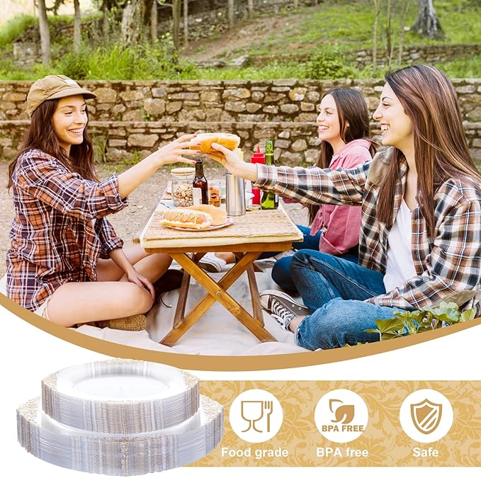 Hioasis 300pcsClear and Gold Plastic Plates - Disposable Dinnerware Set Perfect for 50 Guests include 50 Dinner Plate, 50 Dessert Plate, 50 Forks,50 Spoons, 50 Knives, 50 Cups (NO Napkins Included)
