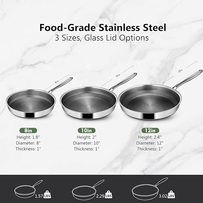 Non Stick Frying Pans, 10-inch with Lid, Hybrid Frying Pans Nonstick Stainless Steel Skillets, Dishwasher & Oven-Safe, Stay-Cool Handle, PFOA Free Cookware, Compatible with All Cooktops