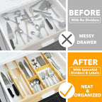 SpaceAid Bamboo Drawer Dividers with Inserts and Labels, Kitchen Adjustable Drawer Organizers, Expandable Organization for Home, Office, Dressers and Bathroom, 6 Dividers with 12 Inserts (13.25-17 in)