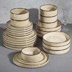 E-far 24-Piece Plates and Bowls Sets with Pasta Bowls - Stoneware Dinnerware Set for 6, Modern Ribbed Dishes, Microwave & Dishwasher Safe, Sandy Khaki