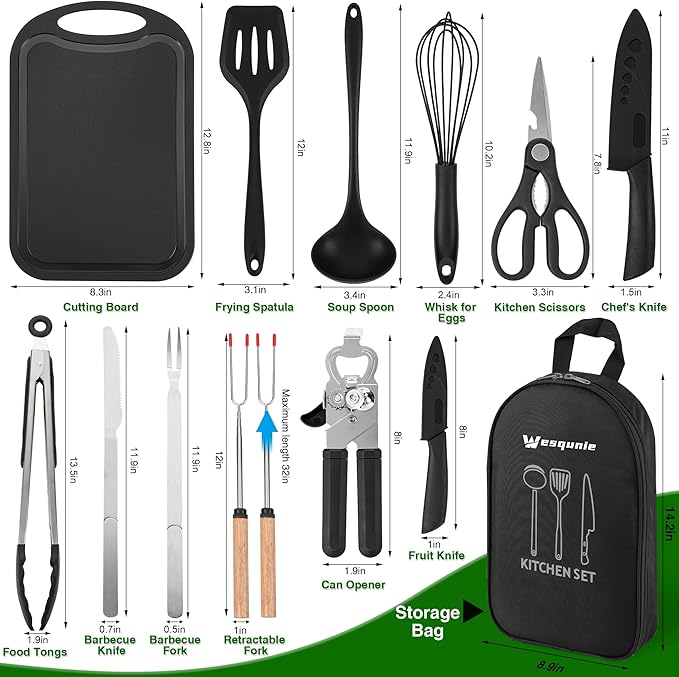 Camping Essentials Cookware Cooking Utensils Set - Portable Camp Kitchen Mess Kit Outdoor Accessories, Stainless Steel & Silicone, Camping Gear Equipment for RV Picnic Grill,Black