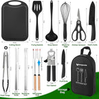 Camping Essentials Cookware Cooking Utensils Set - Portable Camp Kitchen Mess Kit Outdoor Accessories, Stainless Steel & Silicone, Camping Gear Equipment for RV Picnic Grill,Black