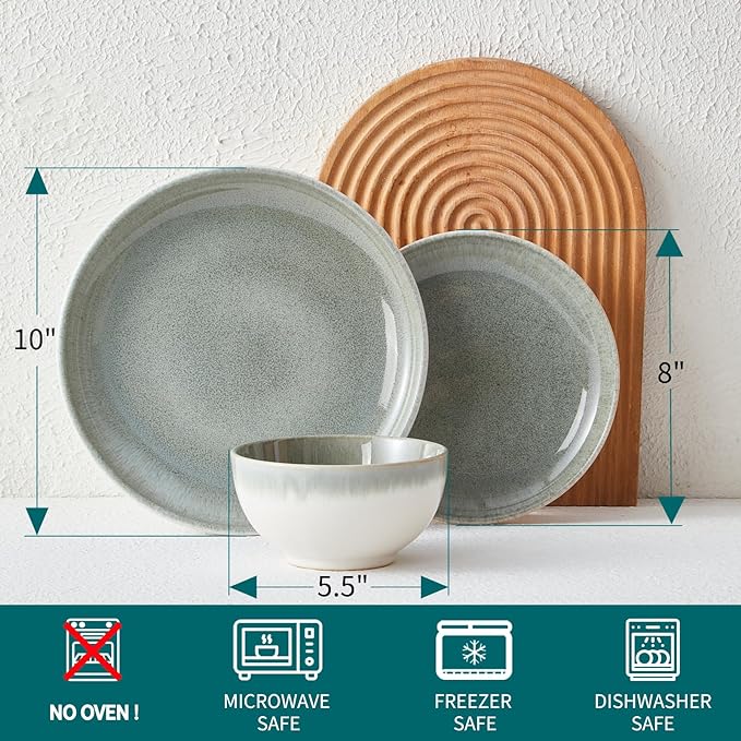 Pokini Ceramic Dinnerware Sets for 6, 18 Pieces Stoneware Plates and Bowls Sets, Chip and Stain Resistant Modern Dishes, Dishwasher & Microwave Safe Dinner Set, Gradient Green