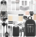 Camping Essentials Cookware Cooking Utensils Set - Portable Camp Kitchen Mess Kit Outdoor Accessories, Stainless Steel & Silicone, Camping Gear Equipment for RV Picnic Grill, Black Pro
