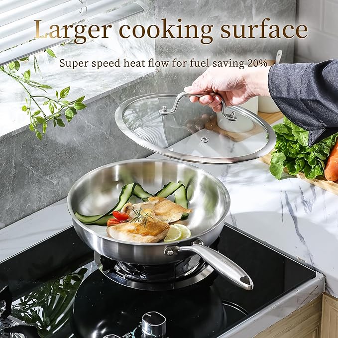 DELARLO Tri-Ply Stainless Steel Pan, 18/10 Frying Pan, Oven Safe Up to 600°F, Nontoxic Cookware, Compatible with All Cooktops Skillet, Durable, Fast Even Heat Fry Pan,9+11 inch Pan