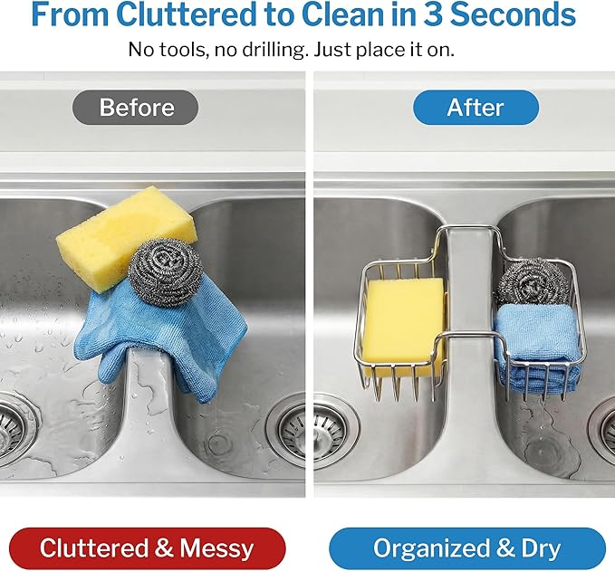2 Pack Stainless Steel Sponge Holder for Kitchen Sink, Double Sided Sink Caddy Sponge Holder for Brush, Soap, Towel - Rustproof Hanging Organizer for Kitchen Double Basin, Top Width 1.93"